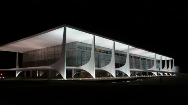 The Planalto Palace, Brazil's presidential office building, lit at night with its curved white columns