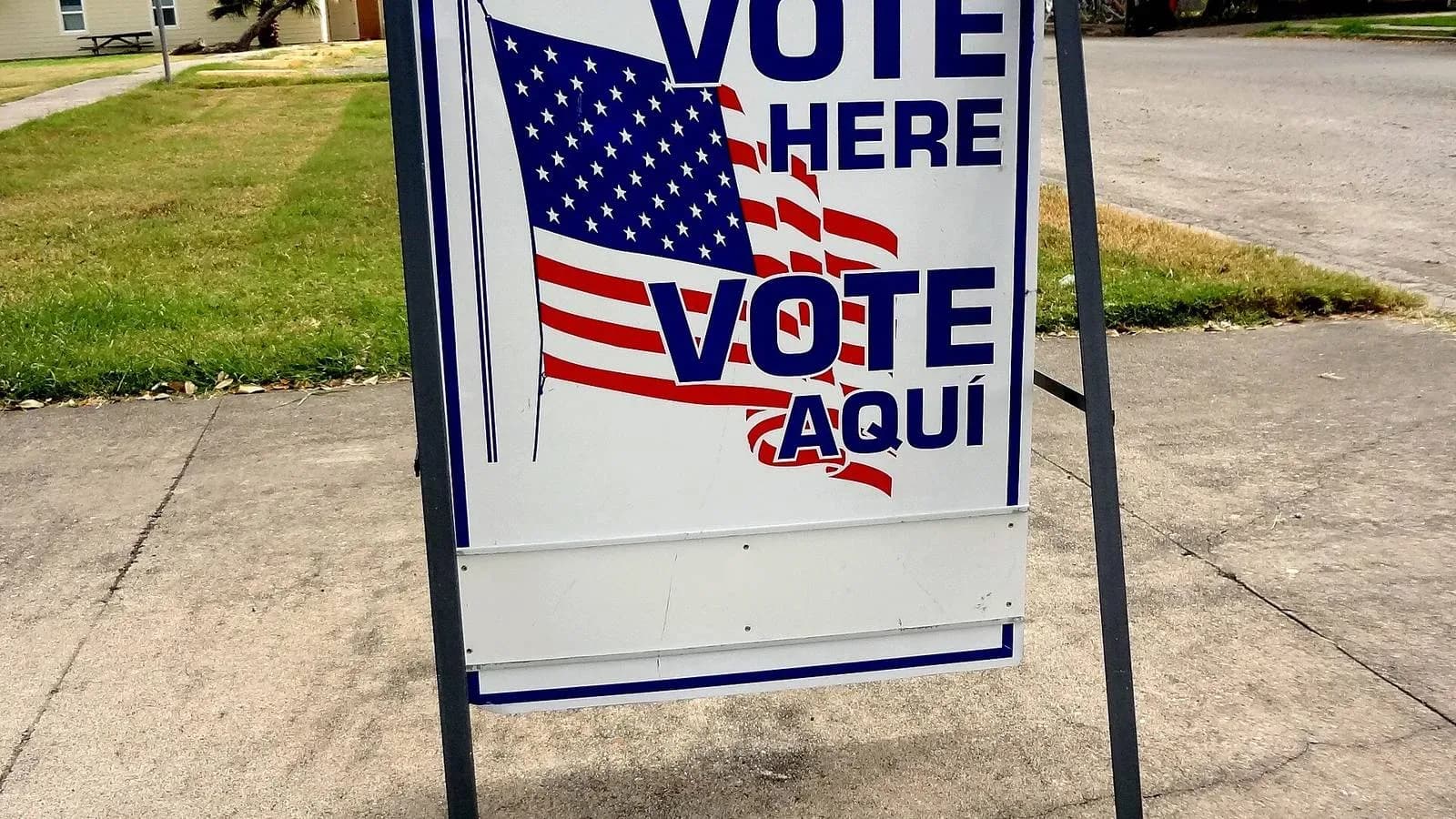 A Vote Here sign outside a polling place in Taft, Texas