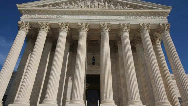 The columns and pediment of the U.S. Supreme Court Building's west front, with Equal Justice Under Law carved above