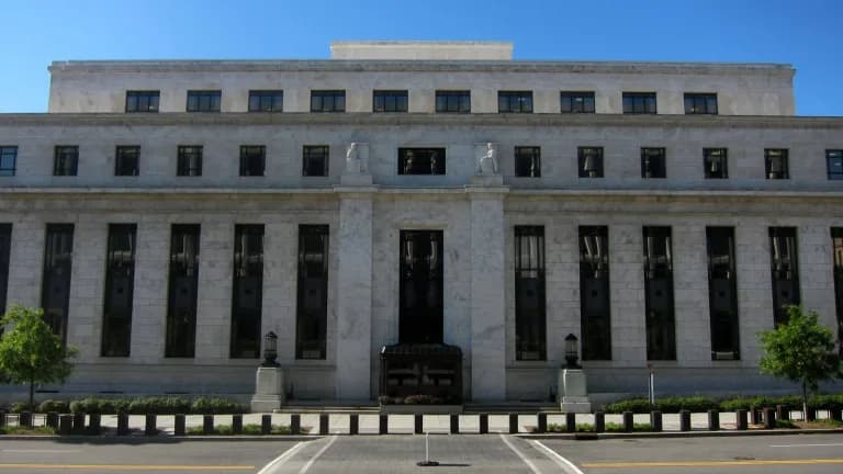 The marble north facade of the Marriner S. Eccles Federal Reserve Board Building in Washington