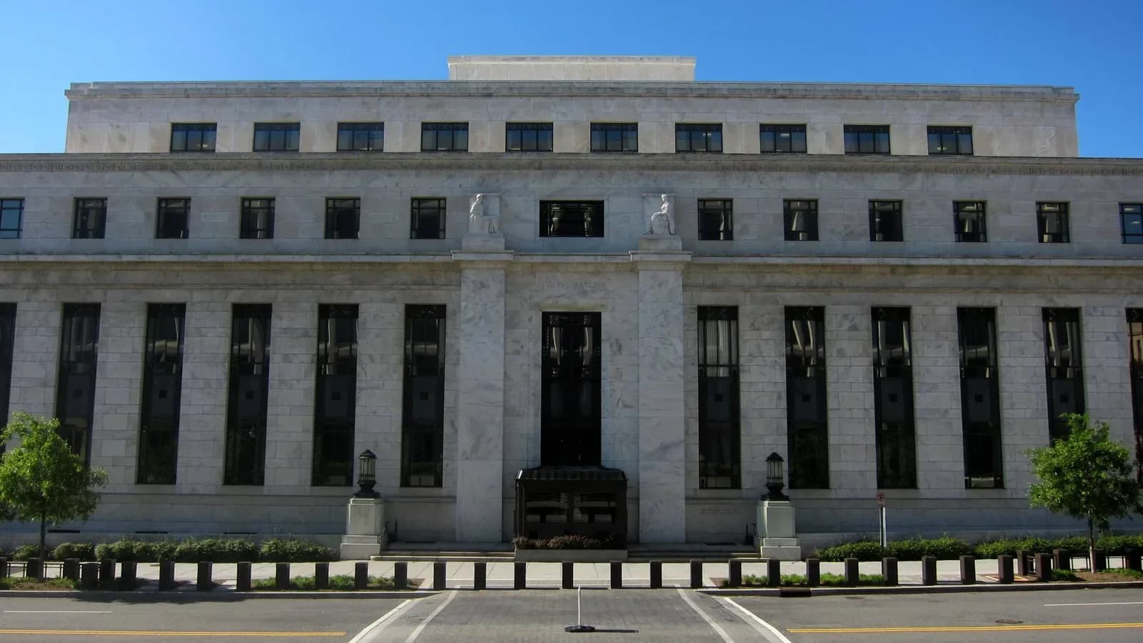 The marble north facade of the Marriner S. Eccles Federal Reserve Board Building in Washington