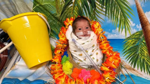 A baby in the HCA Houston Healthcare Conroe NICU dressed for Halloween in a flower lei, swaddled in front of a tropical beach and palm tree backdrop with a yellow sand pail