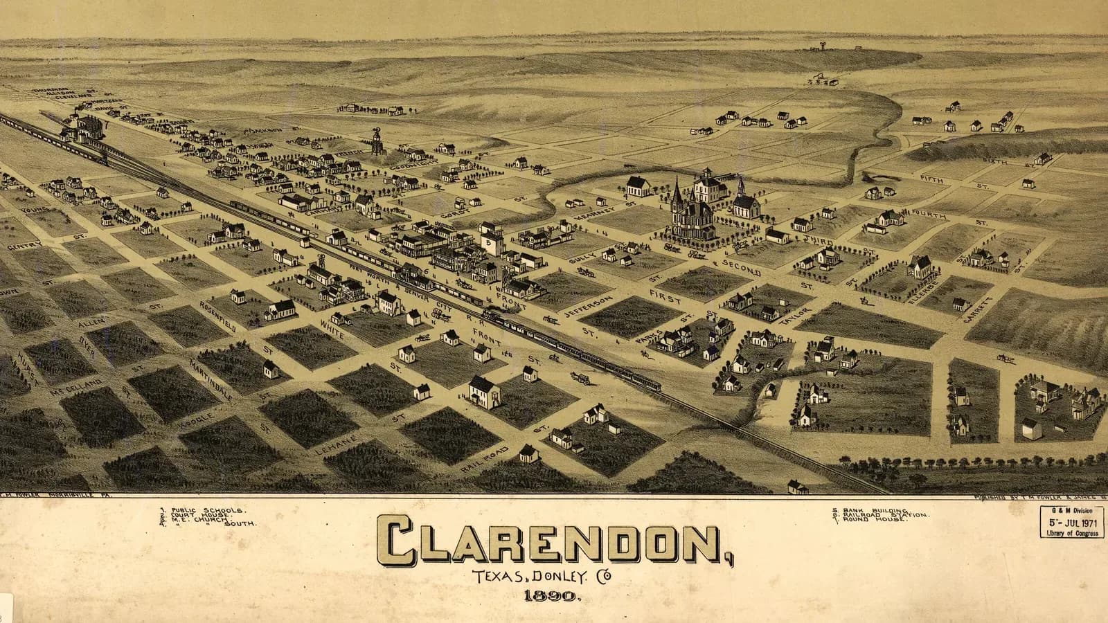 Sepia 1890 bird’s-eye-view lithograph of Clarendon, Texas, showing a grid of streets and scattered frame houses on open prairie, a railroad line with a train running diagonally across the town, a towered building near the center, rolling hills on the horizon, and the title Clarendon, Texas, Donley Co. 1890 printed below