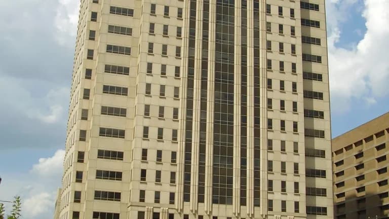 The tall stone tower of the Harris County Criminal Justice Center in downtown Houston