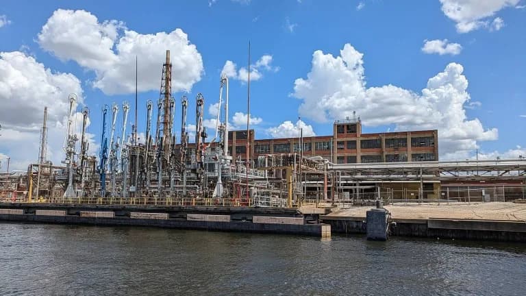 Refinery towers and pipe racks along the bank of the Houston Ship Channel