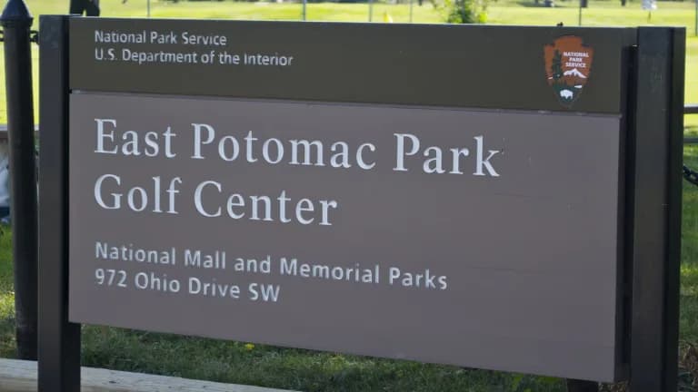 National Park Service sign for the East Potomac Park Golf Center at 972 Ohio Drive SW in Washington