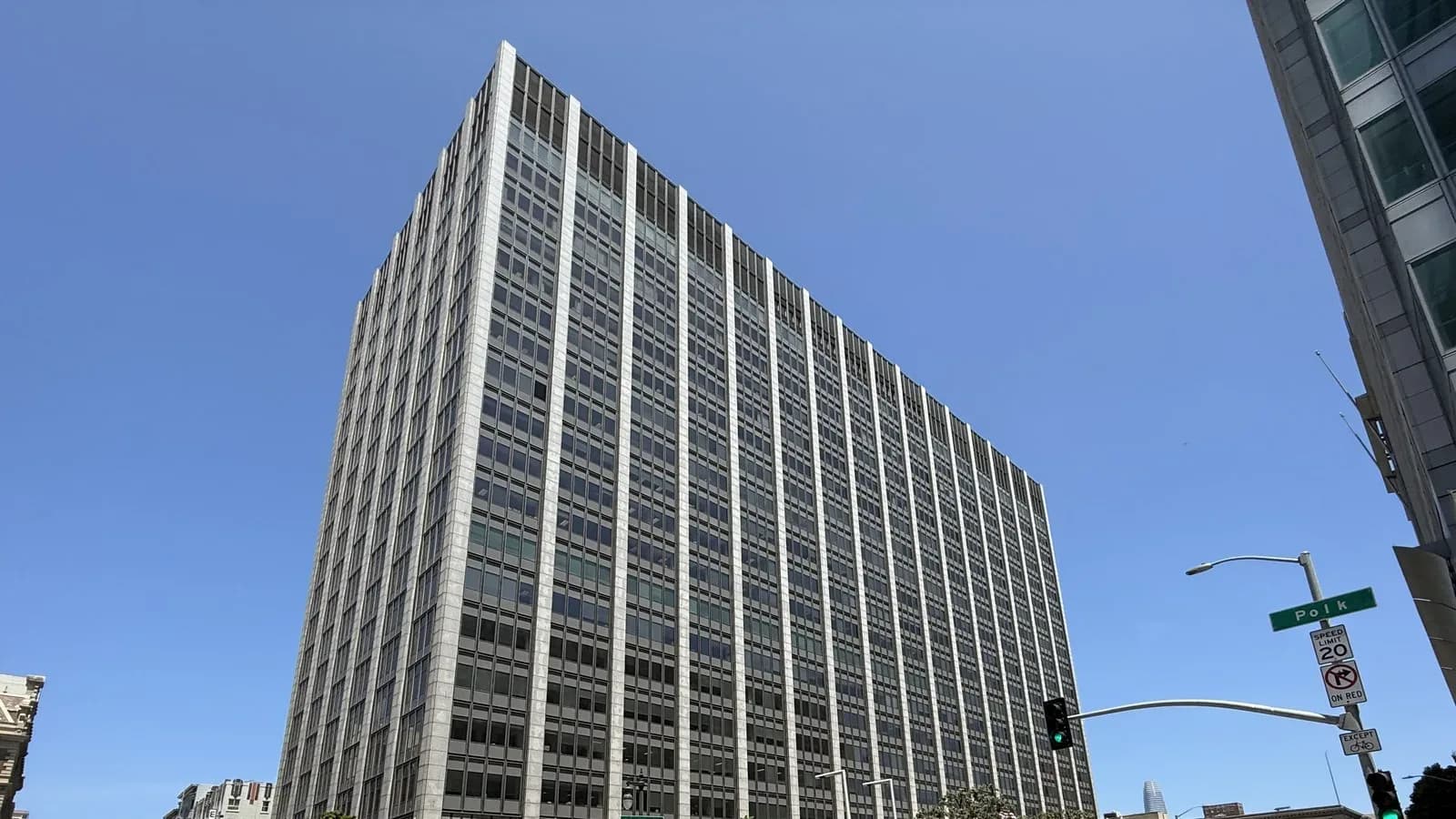 The Phillip Burton Federal Building and United States Courthouse in San Francisco against a blue sky
