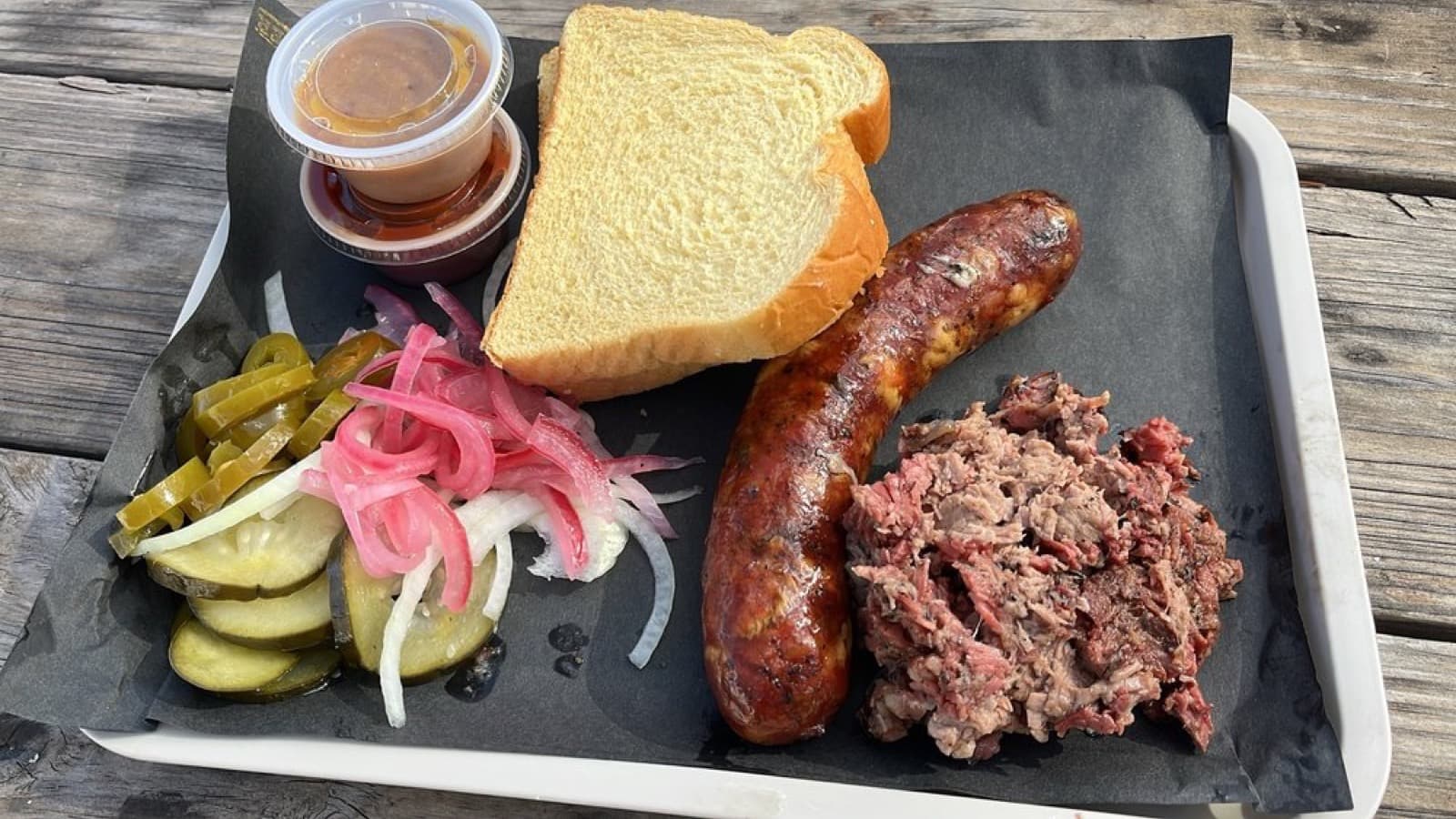 Rosemeyer Bar-B-Q chopped brisket and sausage tray in Spring, Texas