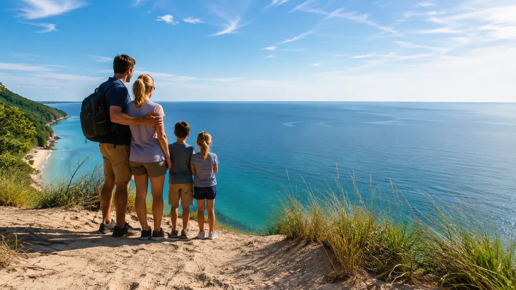 A young family overlooking Lake Michigan from a sandy bluff