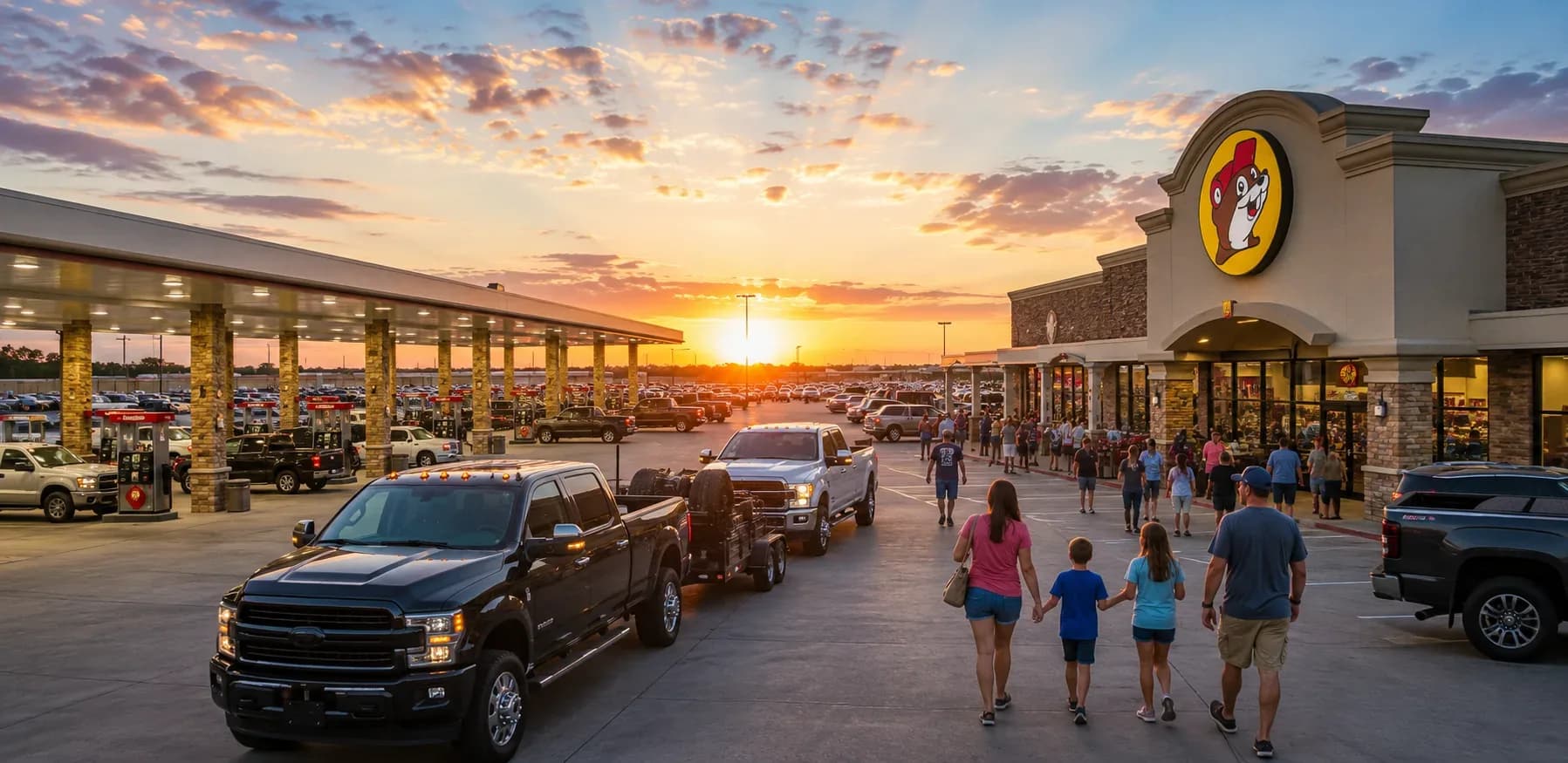 Travelers arriving at a large Buc-ee's travel center along a Texas highway