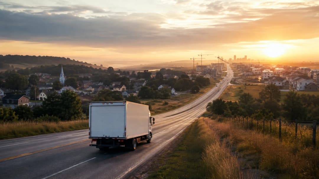 A moving truck leaving a quiet American town at sunrise