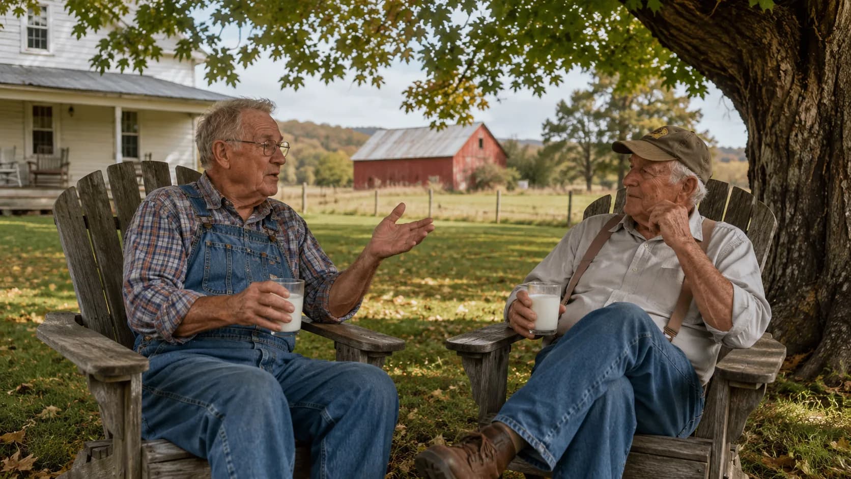 Two friends talking politics under a maple tree in a quiet yard