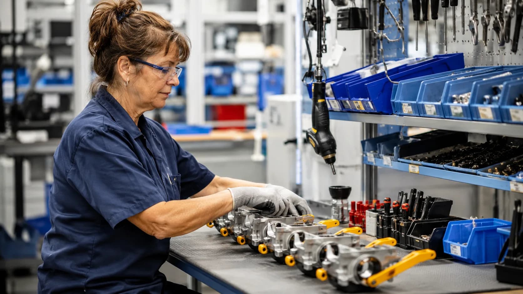 A woman assembles mechanical parts on a factory workbench with tools and parts bins nearby