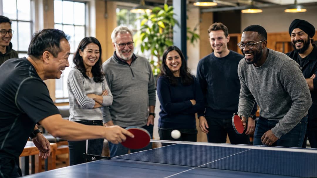 A diverse group of people laughs around a ping-pong table in a bright community space