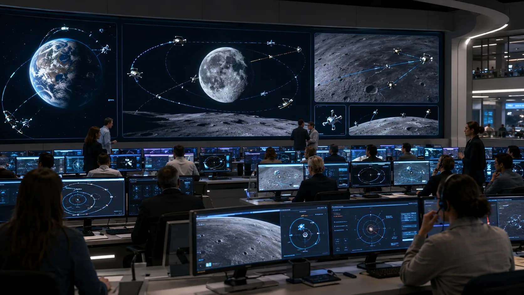 Future lunar outpost with landing, living, research and recycling areas on the Moon