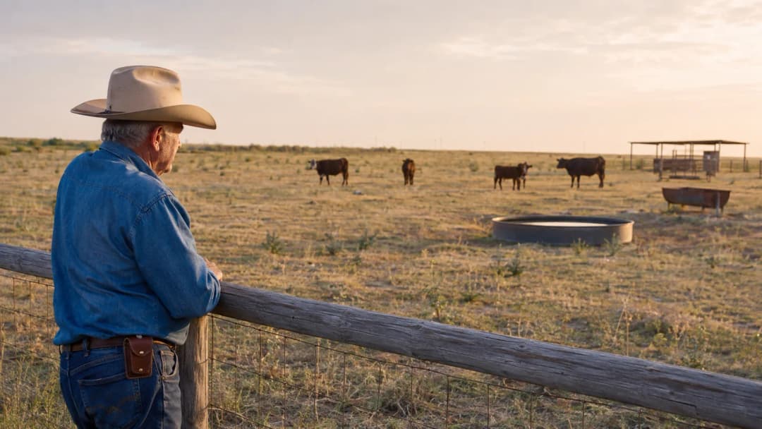 A rancher stands beside a sparse Texas pasture with a small cattle herd