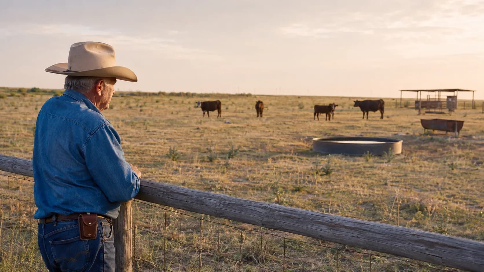 A rancher stands beside a sparse Texas pasture with a small cattle herd