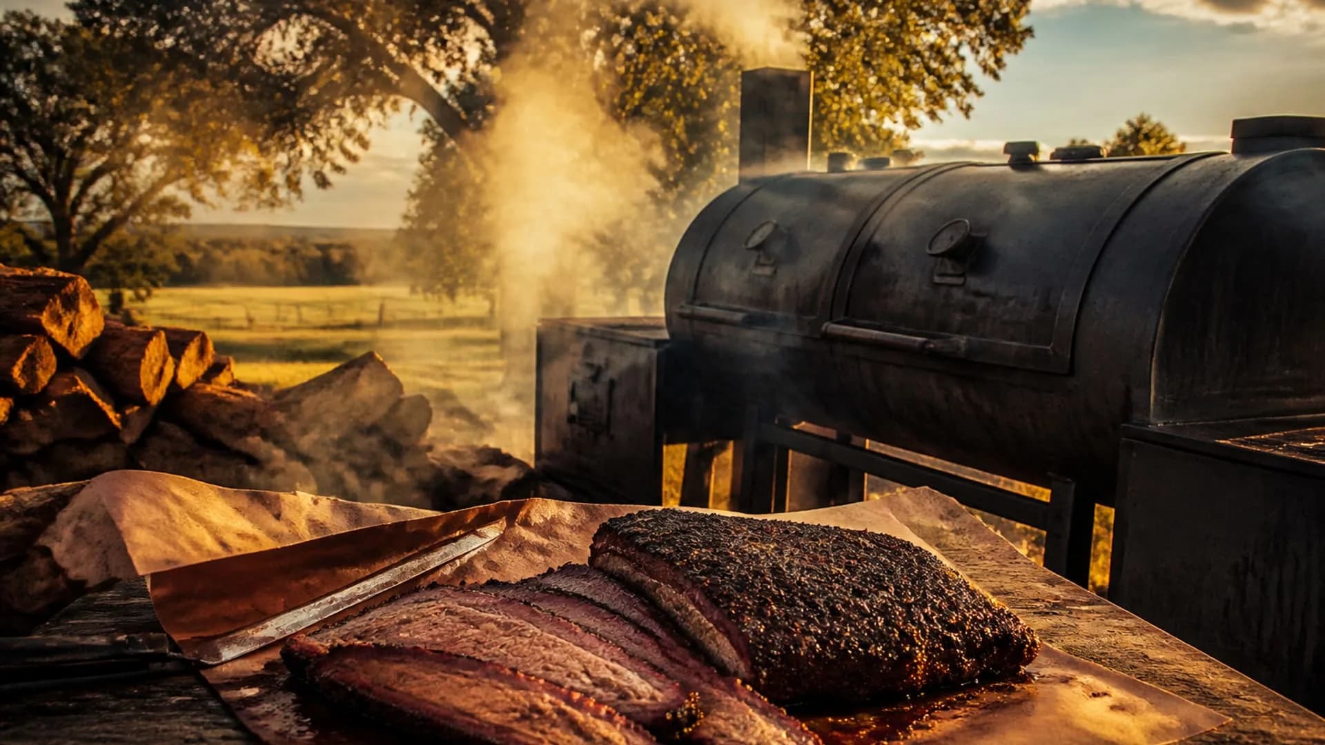 Sliced Texas brisket with pepper bark beside a post-oak offset smoker