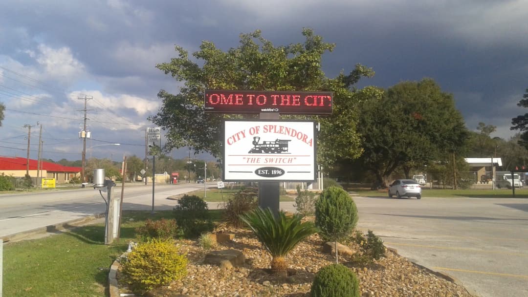 Welcome sign at the entrance to Splendora City Hall in Splendora, Texas