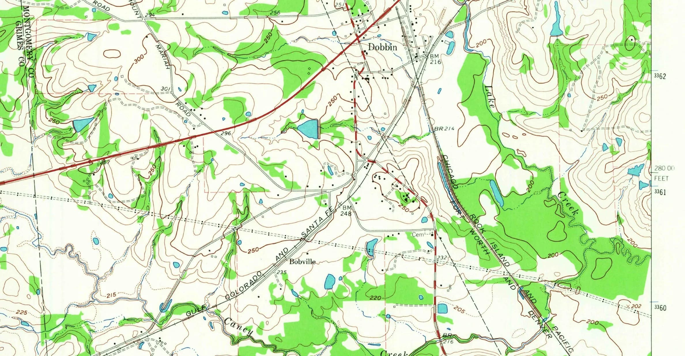 1962 USGS map showing Dobbin at a railroad crossing and Bobville on the Gulf, Colorado and Santa Fe line