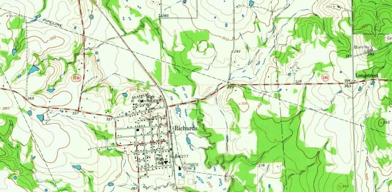 1962 USGS map of Richards, Texas, showing the street grid, the railroad, and Longstreet to the east