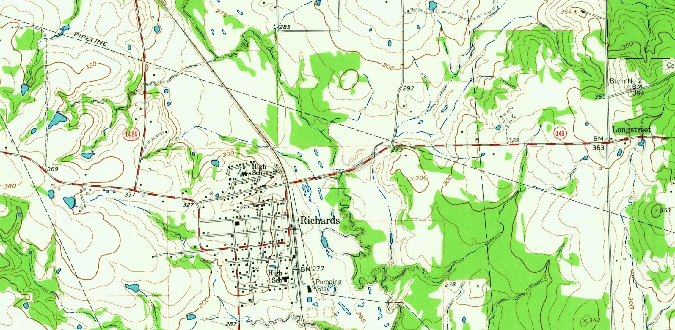 1962 USGS map of Richards, Texas, showing the street grid, the railroad, and Longstreet to the east