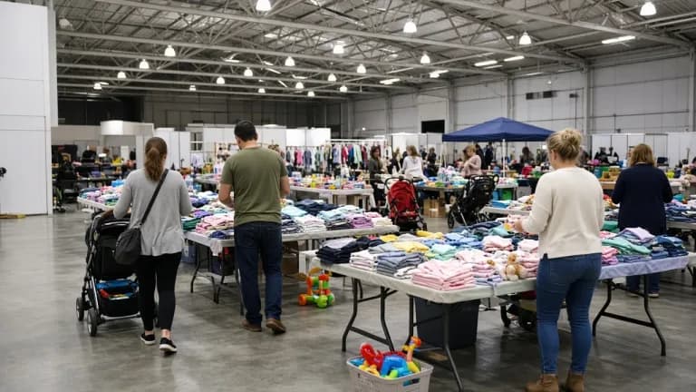 Families browsing tables of kids clothes at a consignment sale