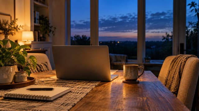 An unbranded laptop and coffee mug sit between two chairs at a warm predawn home workspace.