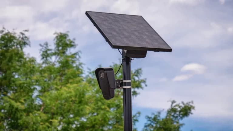 A Flock Safety license plate reader camera mounted on a pole with a solar panel