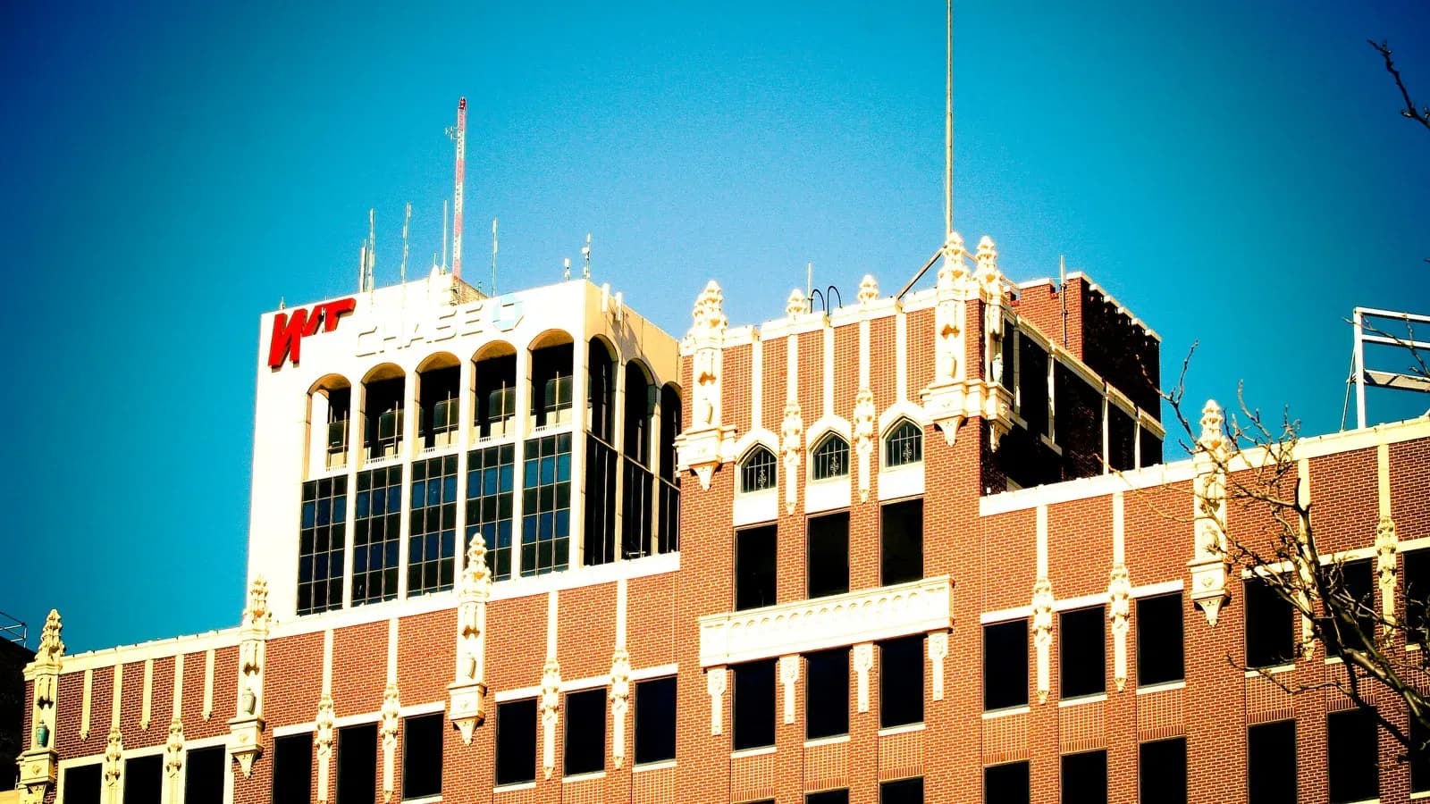 The Chase and Fisk buildings against a blue sky in downtown Amarillo