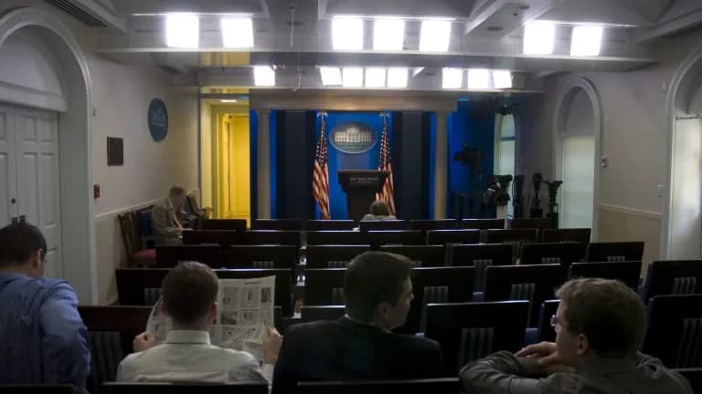 Rows of seats in the James S. Brady Press Briefing Room at the White House