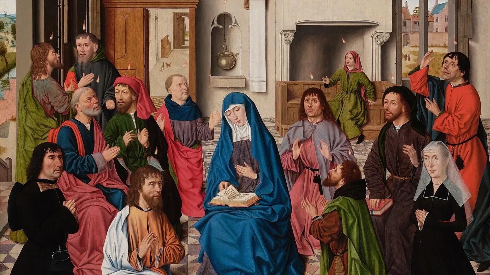 A 15th-century Flemish painting of the apostles and Mary gathered as tongues of fire descend at Pentecost