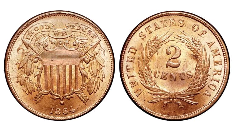 Both sides of an 1864 two-cent coin, one side showing a shield and the motto In God We Trust