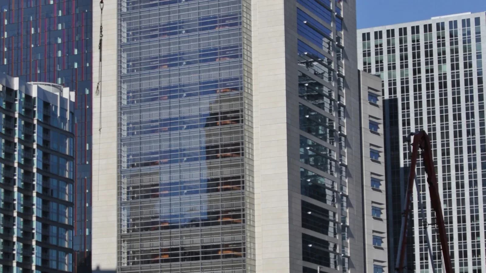 The glass-fronted U.S. Courthouse tower in downtown Seattle