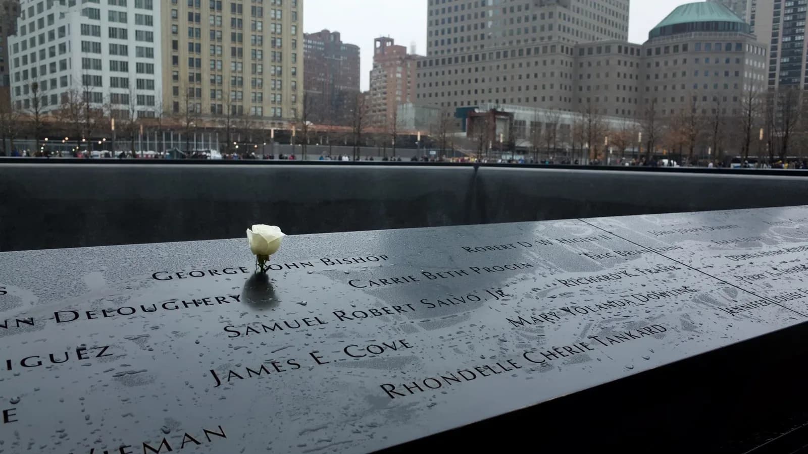 A white rose placed in a victim's name on the bronze parapet of the South Pool at the National September 11 Memorial on a rainy day