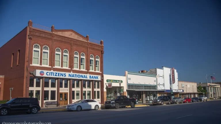 Historic brick commercial buildings in downtown Elgin, Texas