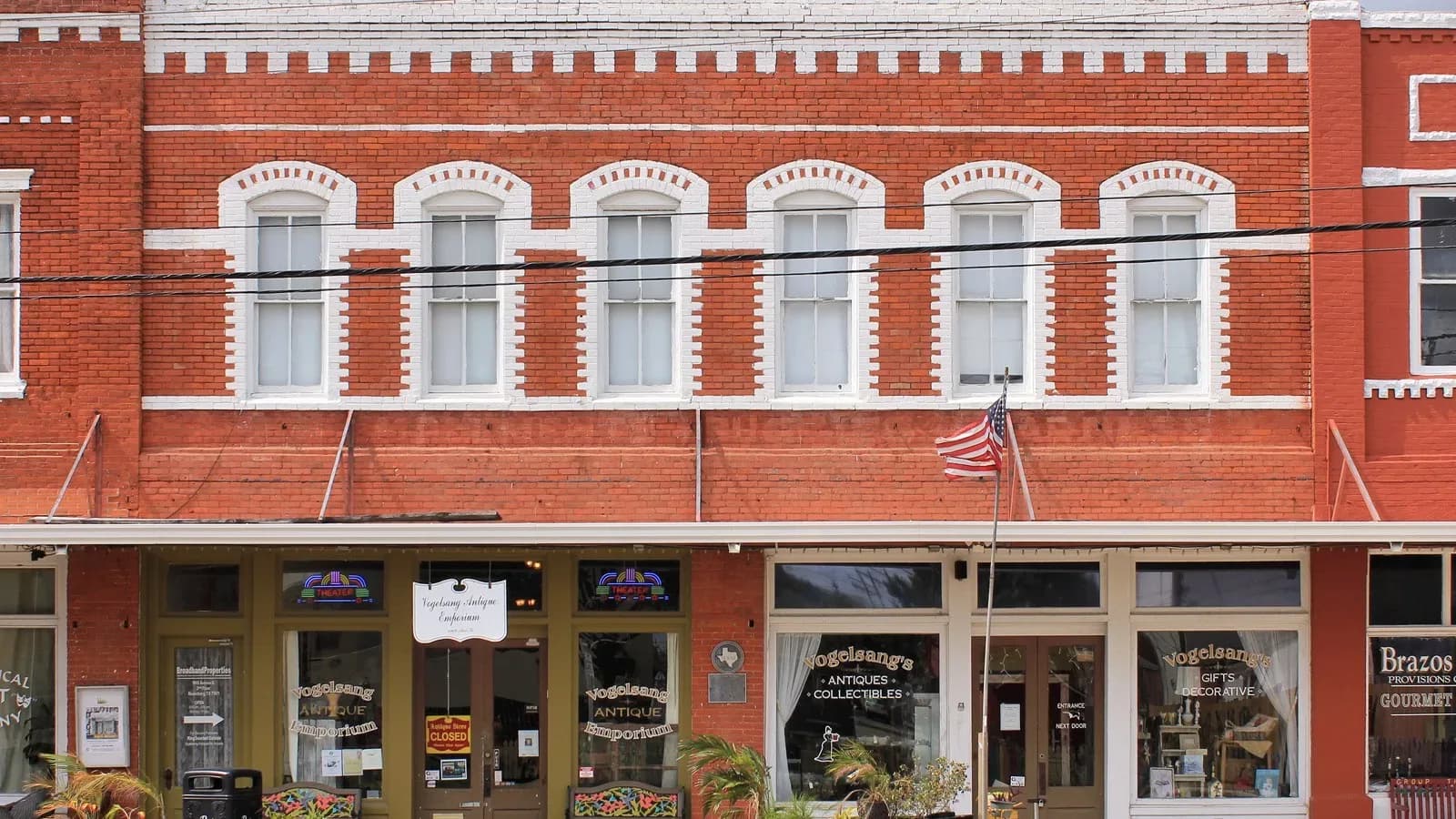 The two-story brick Vogelsang Building in downtown Rosenberg, Texas