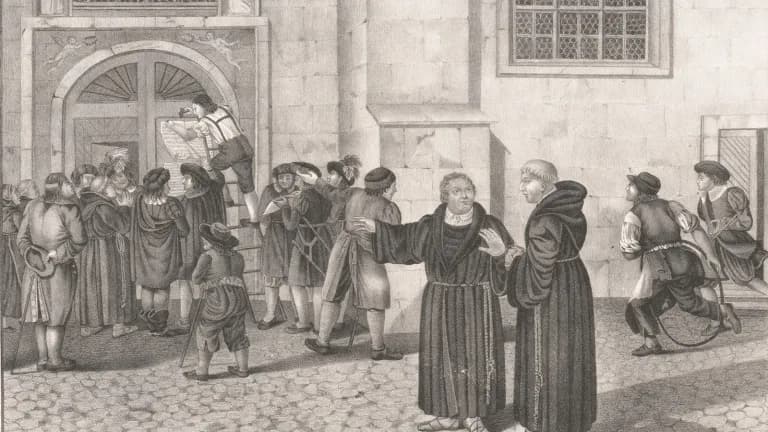 A 19th-century lithograph showing Martin Luther in a monk's robe speaking with another friar while a man on a ladder posts the theses on a church door before a crowd