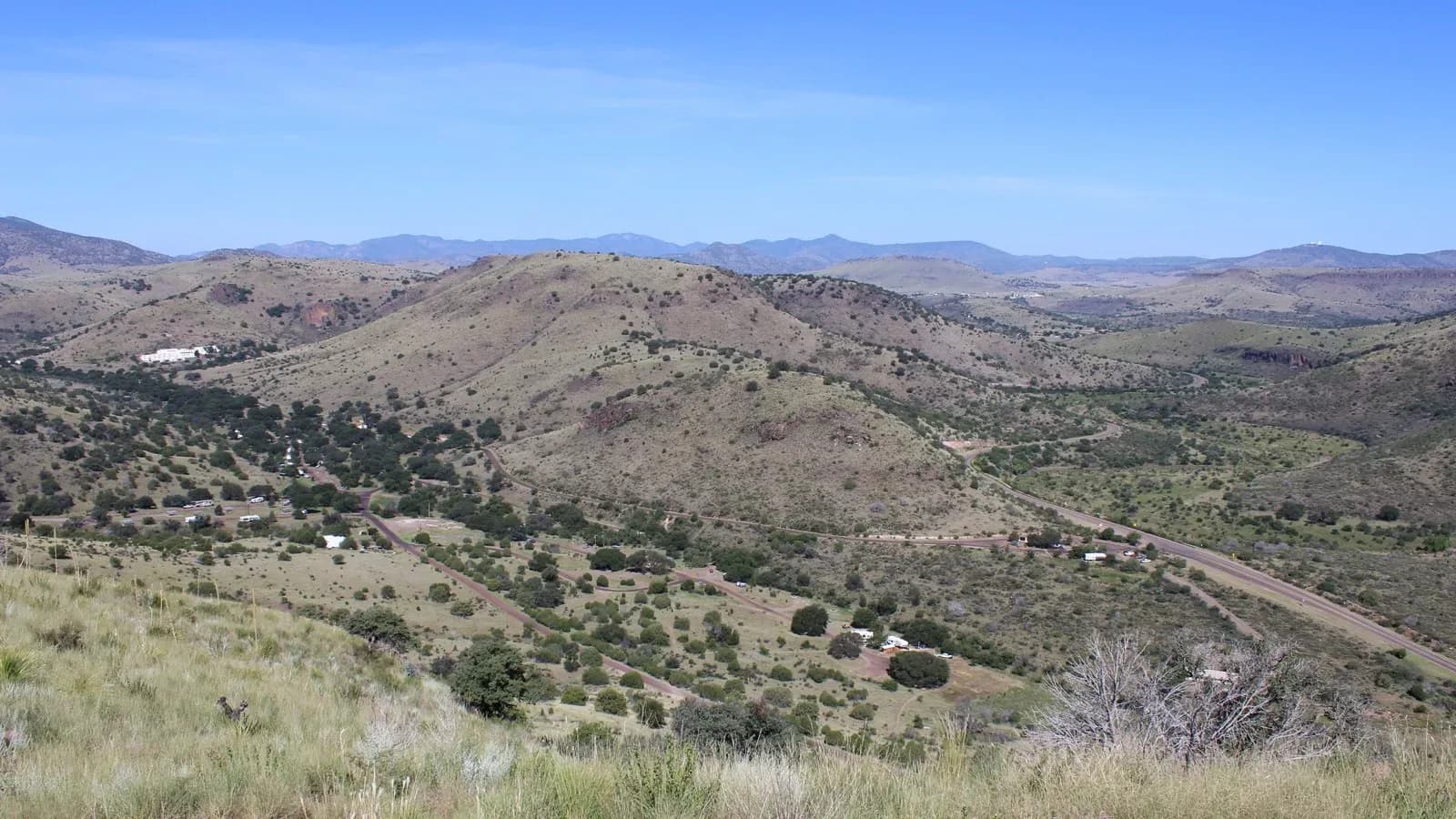 Grassy hills and canyons of Davis Mountains State Park under a blue sky