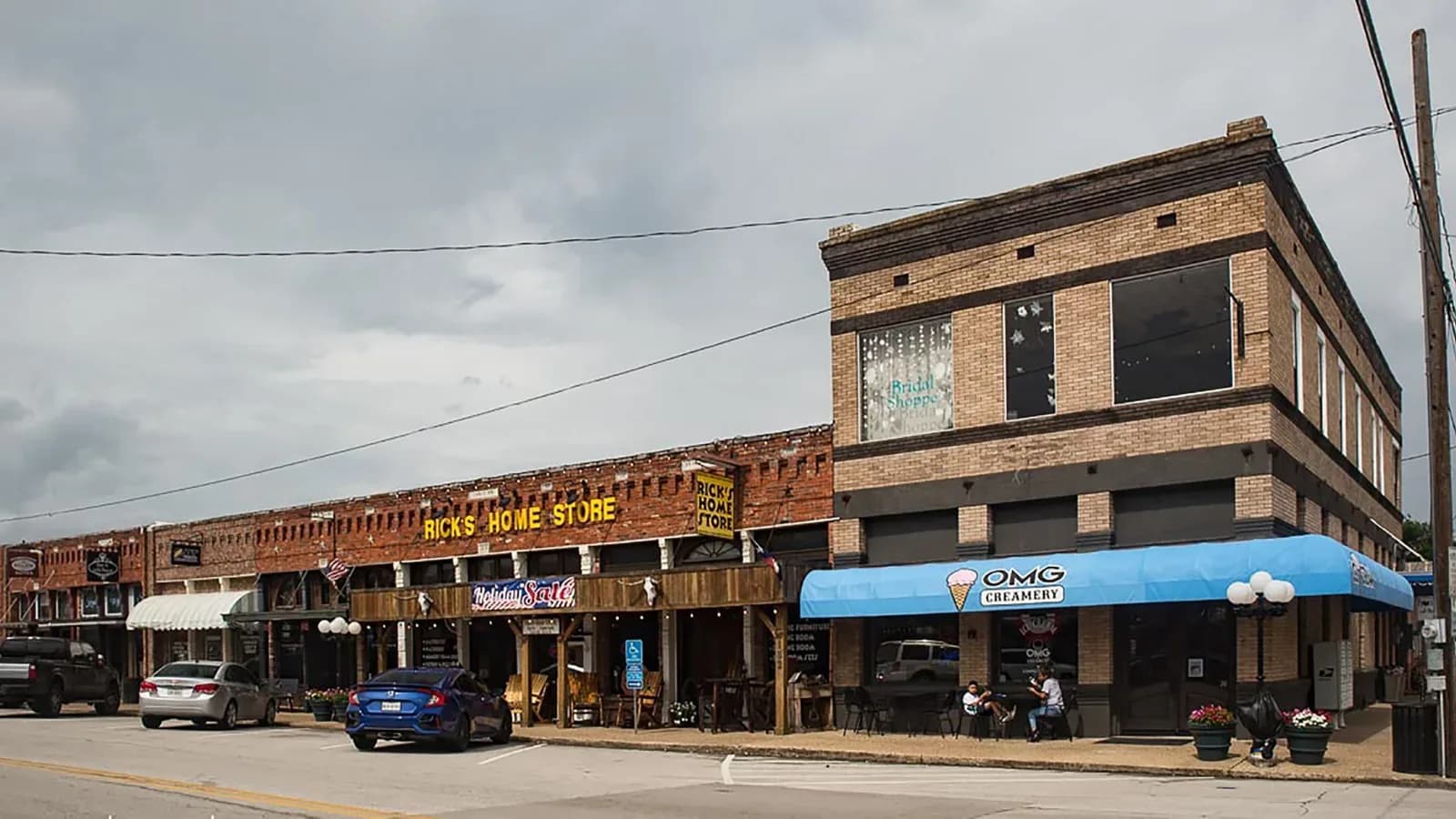 Brick storefronts on a downtown street in Wylie, Texas