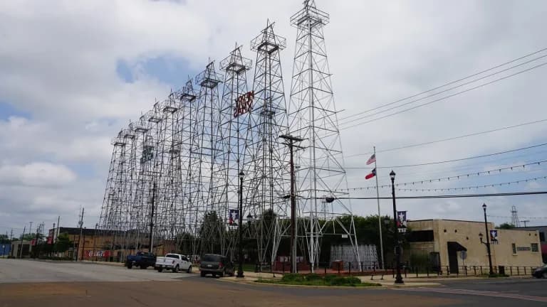 Rows of steel oil derricks at World's Richest Acre Park in downtown Kilgore, Texas