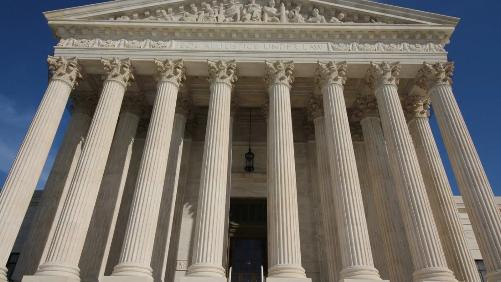 The columns and pediment of the U.S. Supreme Court Building's west front, with Equal Justice Under Law carved above