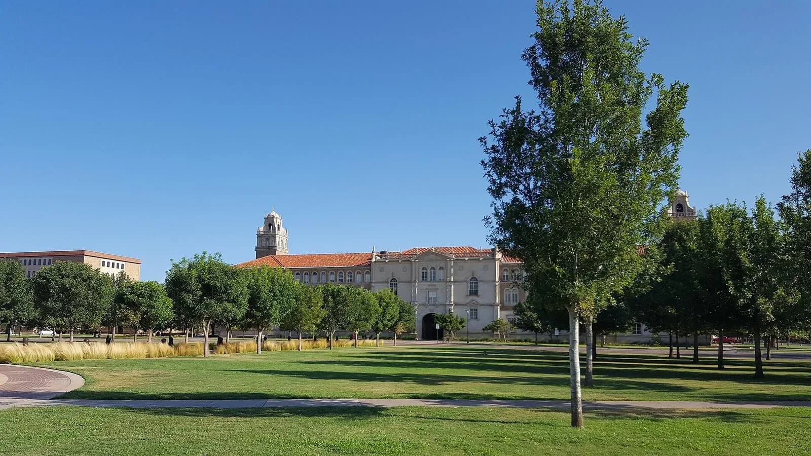 The Spanish-style Administration Building at Texas Tech University seen across Memorial Circle