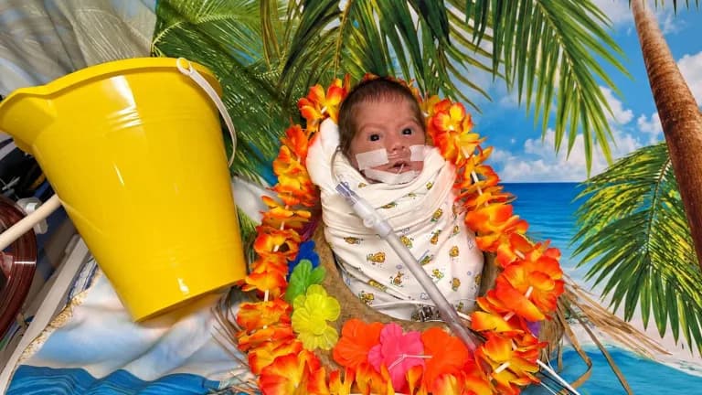 A baby in the HCA Houston Healthcare Conroe NICU dressed for Halloween in a flower lei, swaddled in front of a tropical beach and palm tree backdrop with a yellow sand pail
