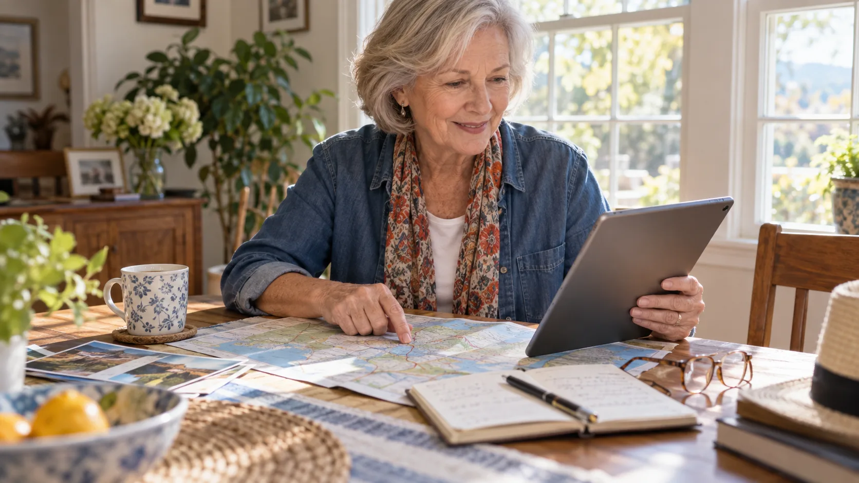 An older woman uses a tablet while planning a road trip with a paper map and notebook at her dining table.