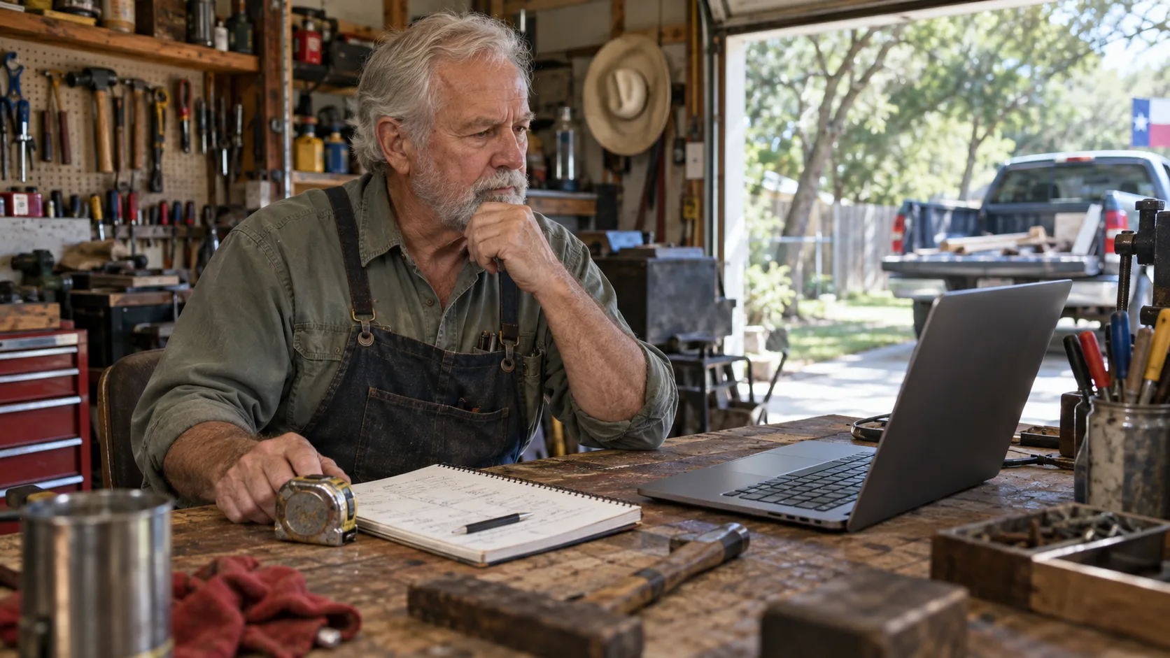 An experienced older craftsman evaluates information on a laptop beside hand tools, a tape measure and a working notebook.