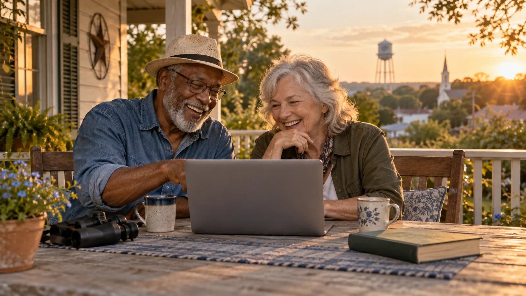 Two older friends laugh together over a laptop on a small-town porch at sunset.
