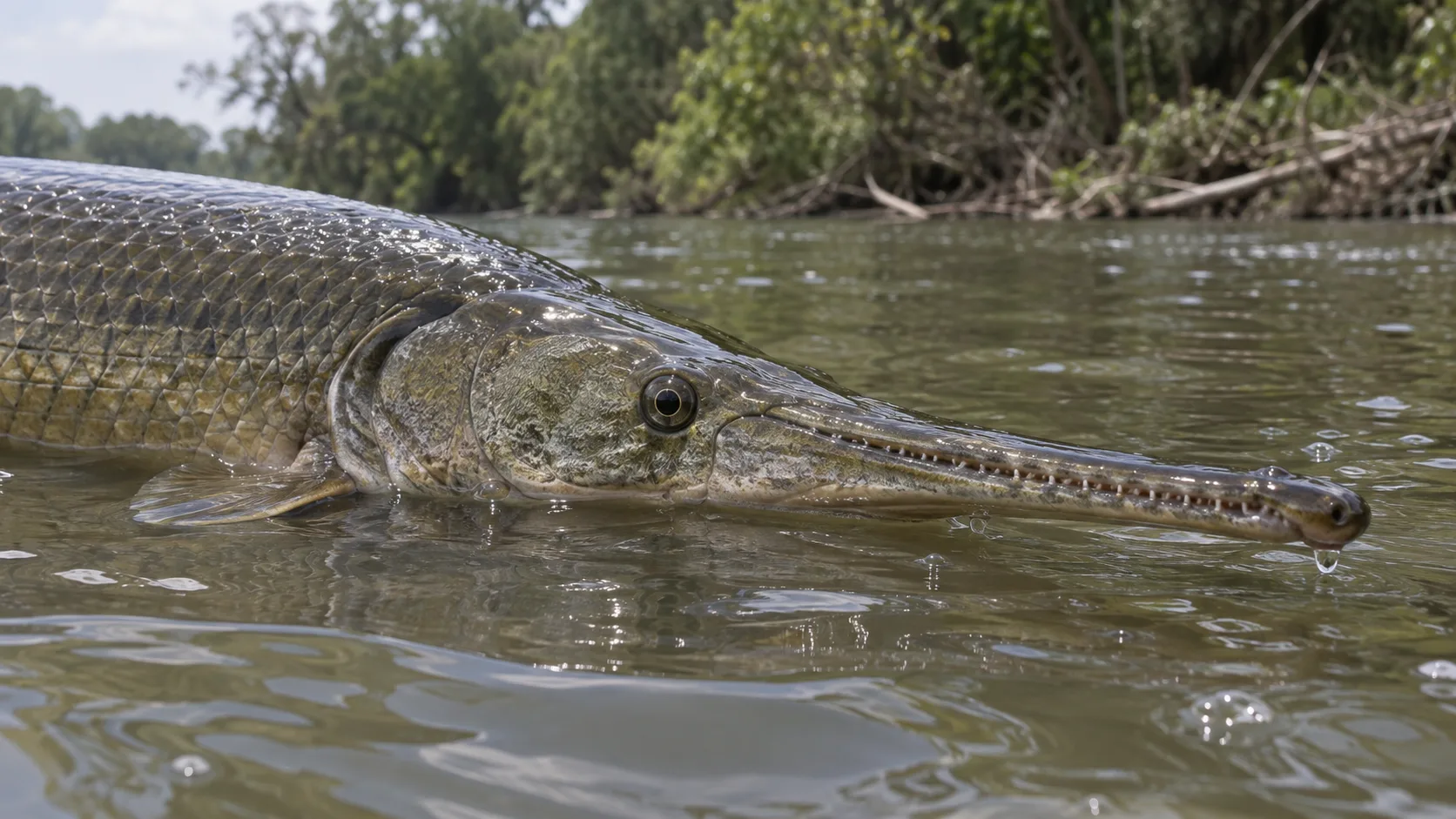 Close view of a hybrid gar's elongated triangular snout at the river surface