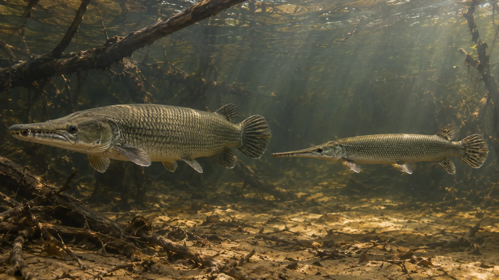 Alligator gar with broad snout beside longnose gar with narrow beak underwater