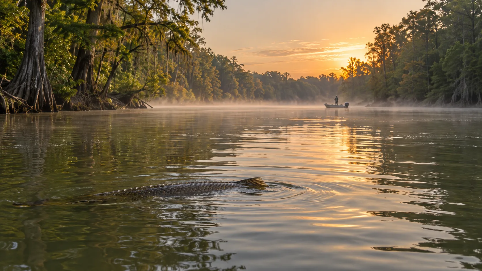 Gar rolling near the surface of the wooded Trinity River at sunrise